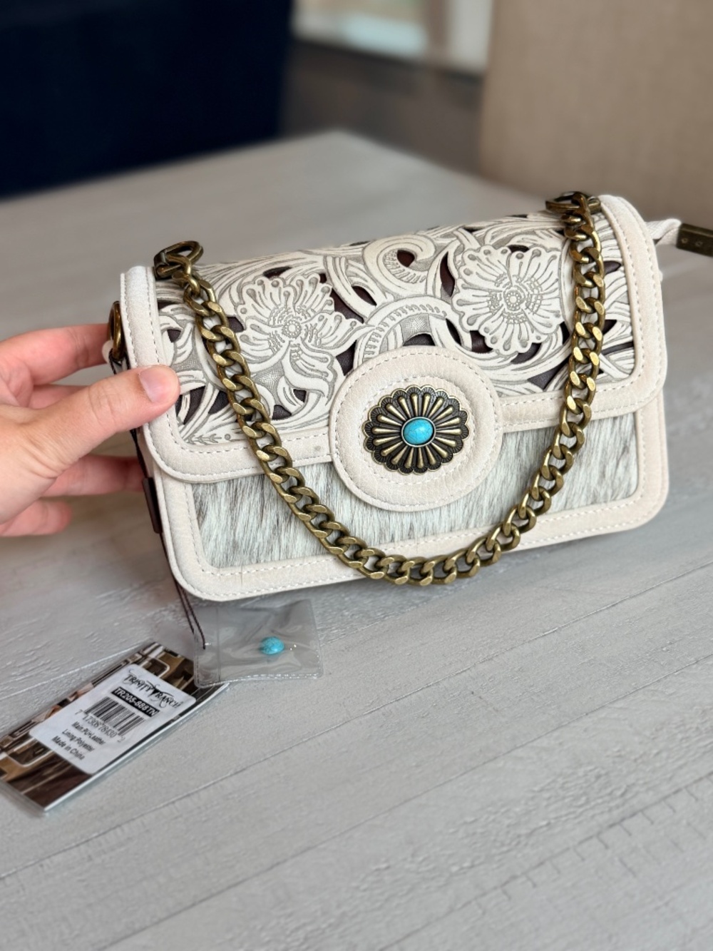 Trinity Ranch Cowhide Floral Cutout Crossbody Bag Tan